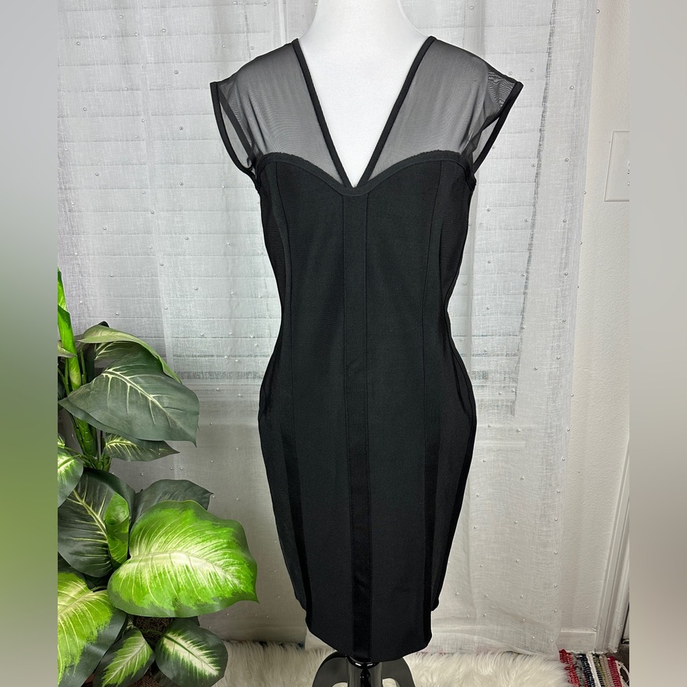 NWT Cache Mesh Sweetheart Neckline Little Black Bodycon Bandage Dress Illusion M